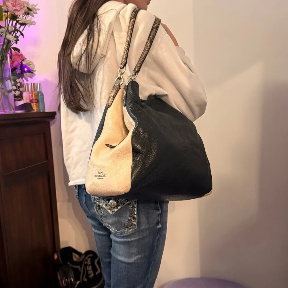 Coach Black and Cream Leather Hobo Bag